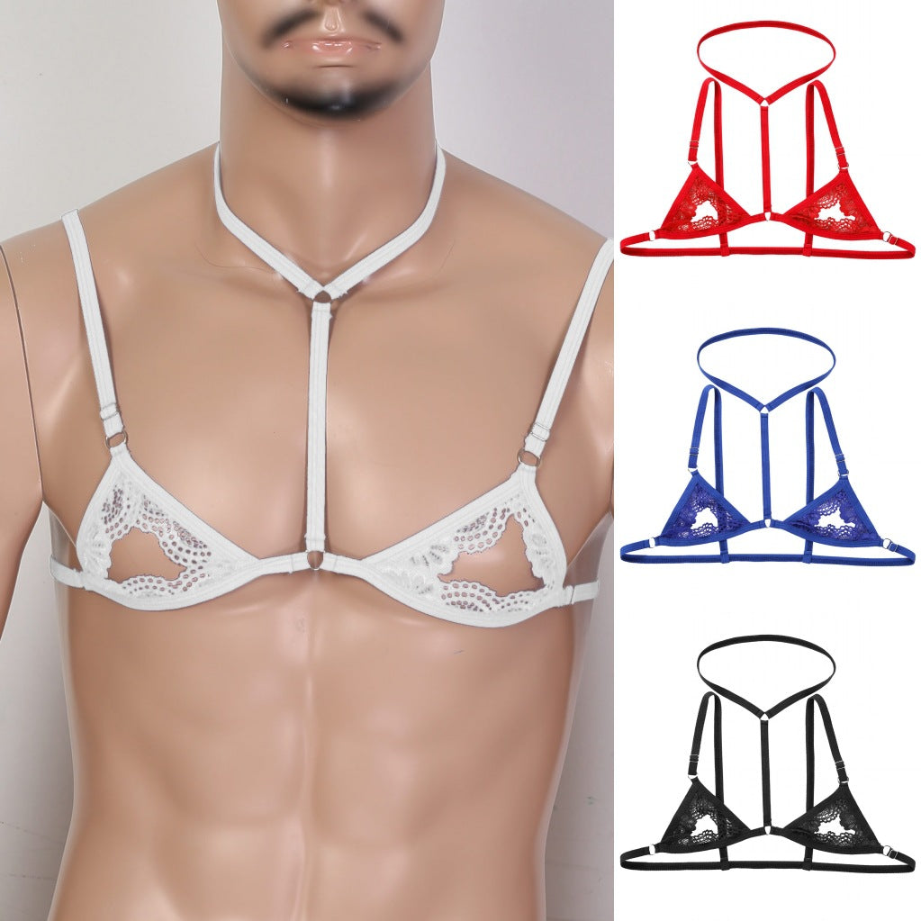Men's sexy lingerie lace three-point bra pajamas sheer panties temptation pure desire sexy bed set