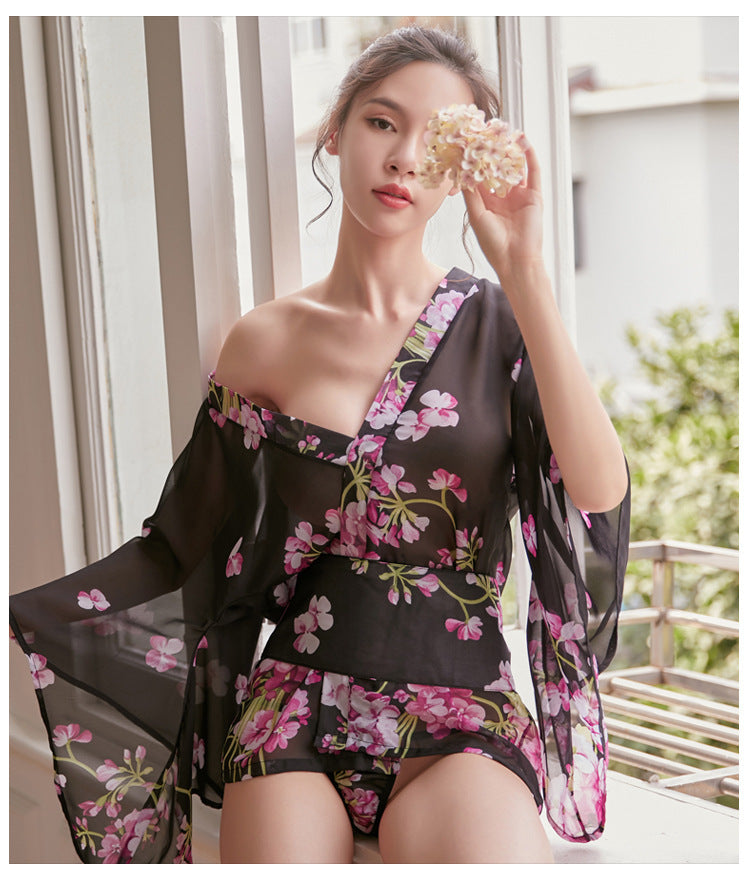New Erotic Lingerie Butterfly Print Sheer Chiffon Japanese Kimono Uniform Sexy Temptation Yurobe Set