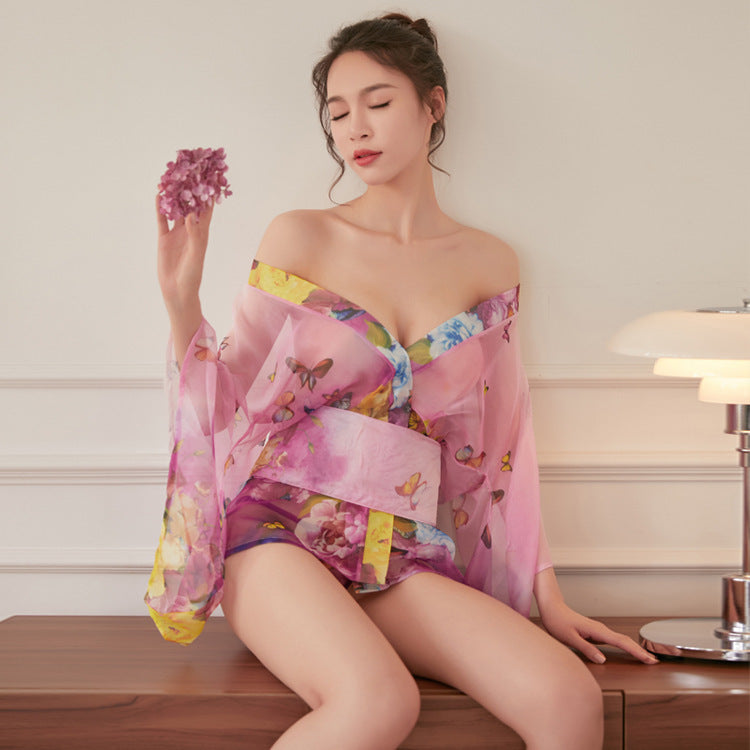 New Erotic Lingerie Butterfly Print Sheer Chiffon Japanese Kimono Uniform Sexy Temptation Yurobe Set