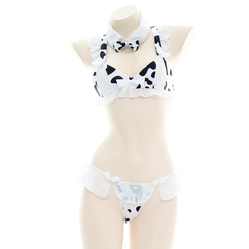 Erotic lingerie cow maid outfit bikini sexy ruffled pajamas women's openwork maid uniform B0261