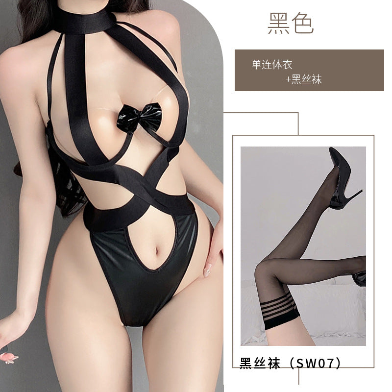 Mei Zhilan European and American cutout erotic lingerie sexy strap cross bondage jumpsuit transparent suspenders backless outfit