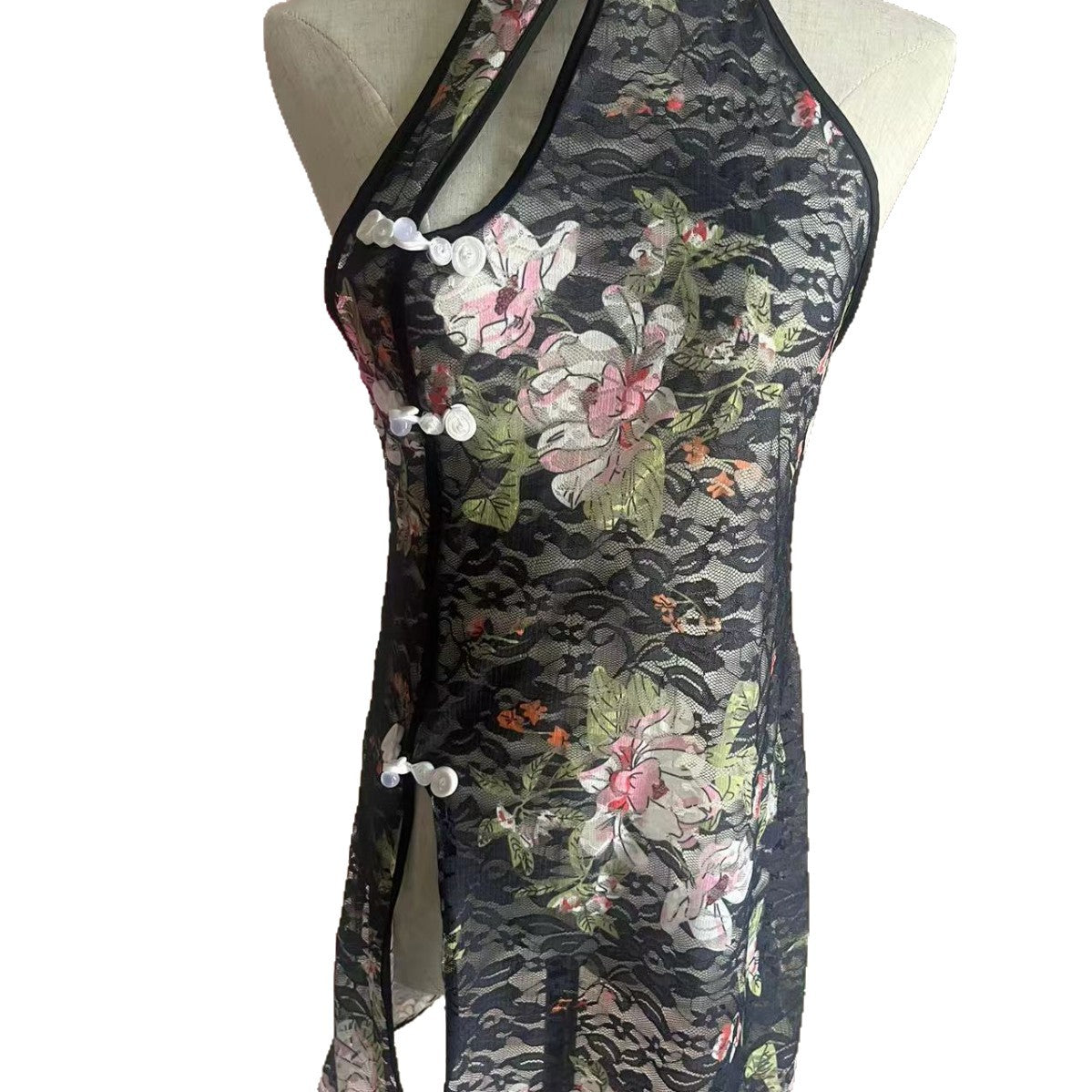 Halterneck sexy lingerie sexy see-through lace print cheongsam women's uniform set adult sexy cheongsam temptation