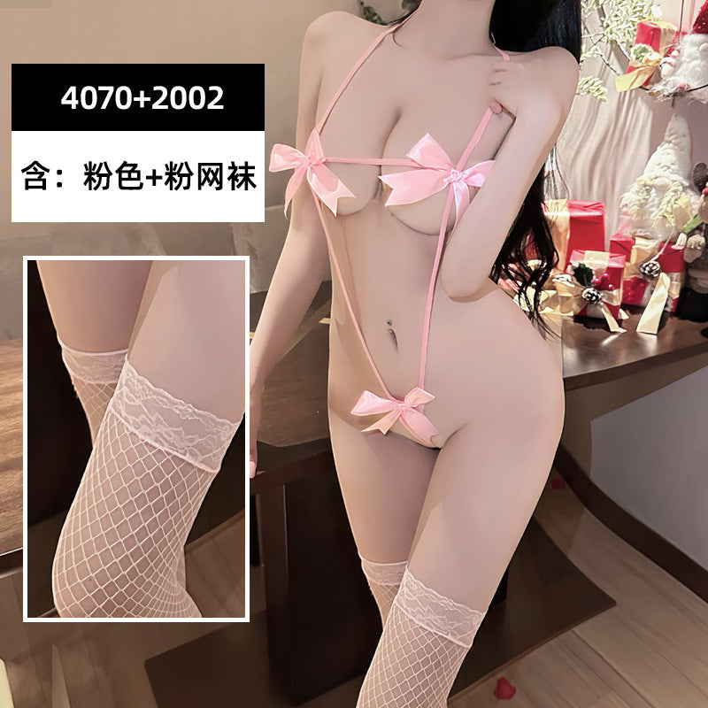 Erotic lingerie sexy big bow tie bikini adjustable size christmas new year jumpsuit 4070