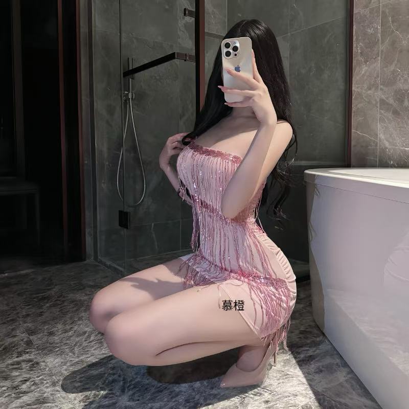 Mu orange erotic underwear sexy female sequins tassel wrap buttocks see-through skirt pure lust temptation uniform pajamas set