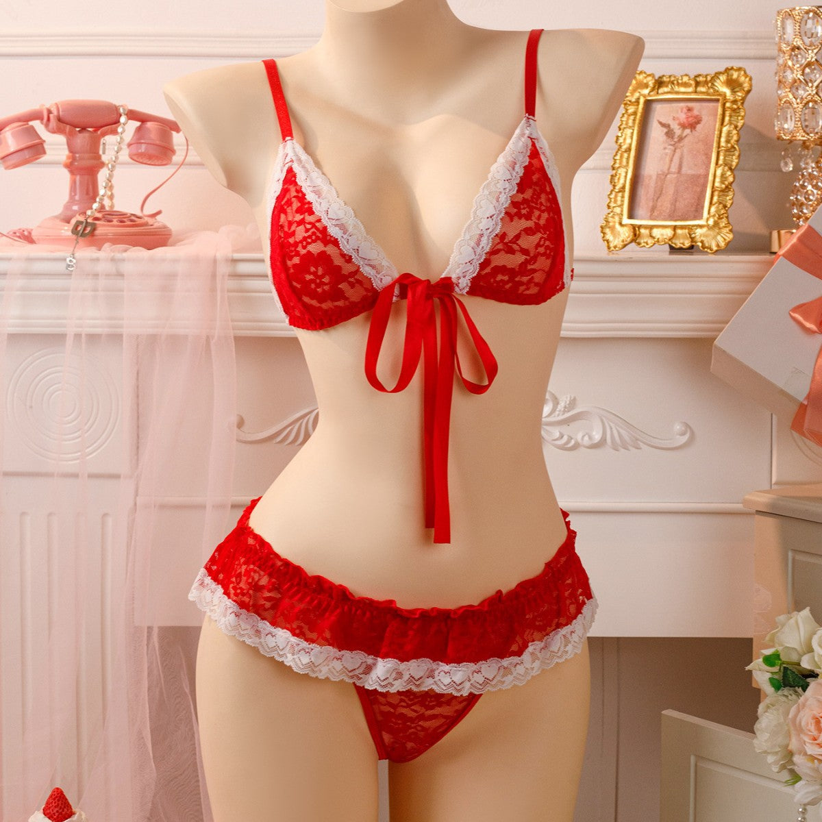 New European and American erotic lingerie lace sexy thong set bow erotic pajamas couple fun lingerie