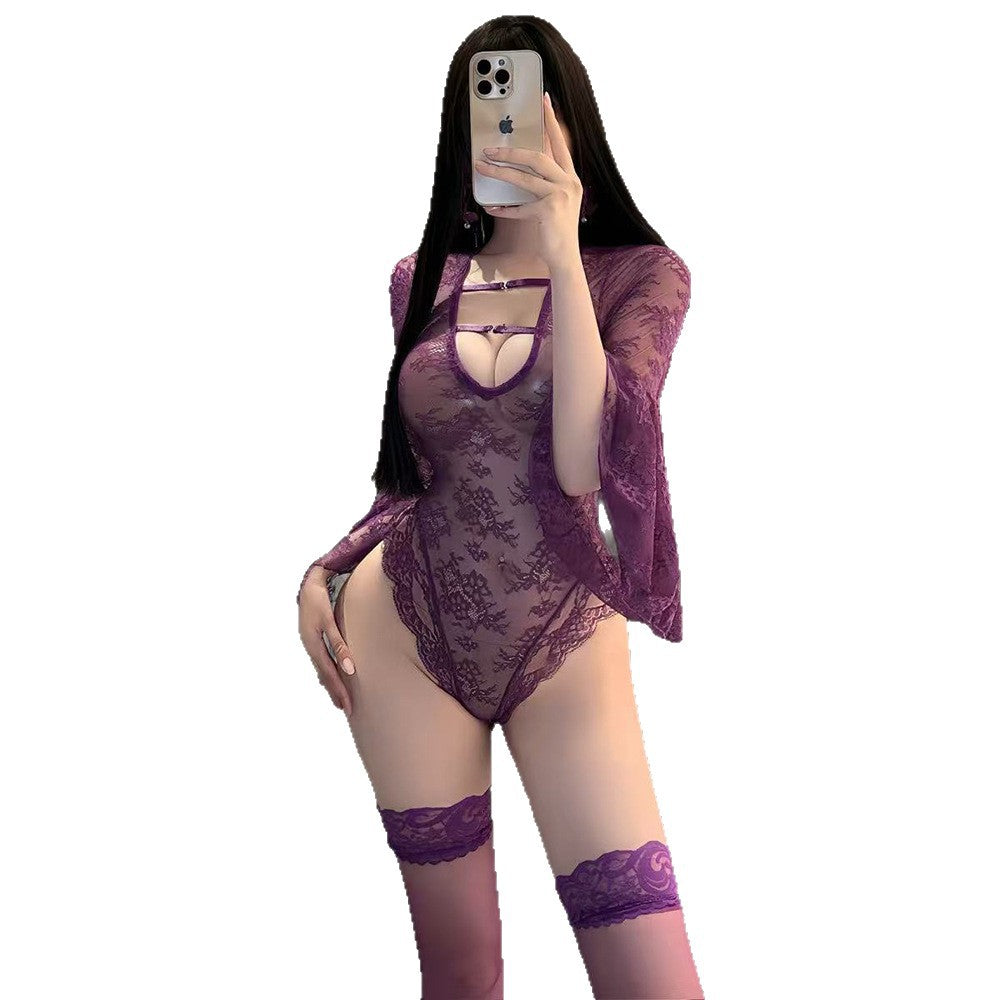 Sleeping erotic underwear purple sexy lace jumpsuit slim slimming see-through uniform set 1126