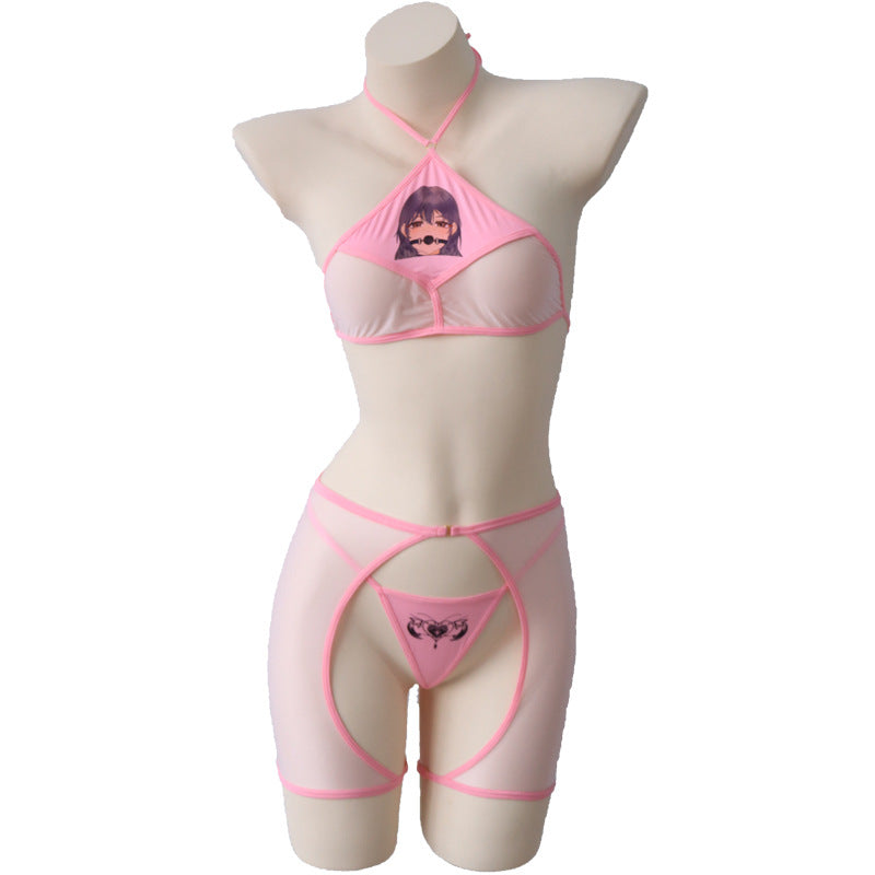 Erotic lingerie women sexy pajamas cos uniform anime two-dimensional print see-through chest wrap shorts set 4213