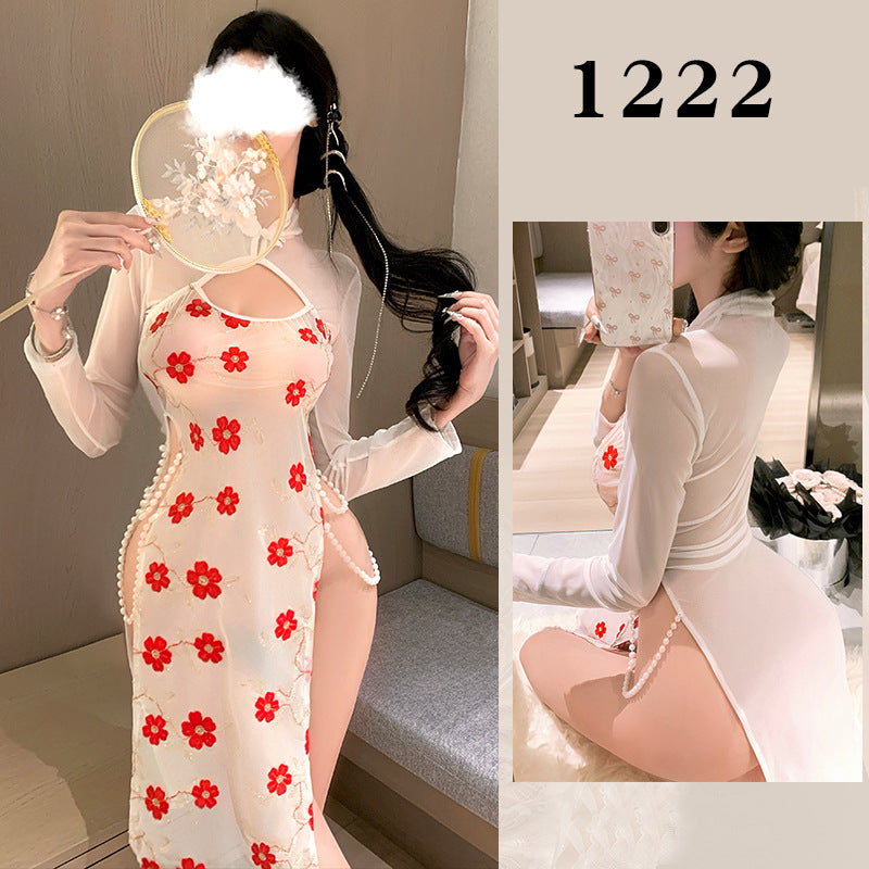 Sexy and sexy uniforms, purple charm, cheongsam, hollow backless nightdress, pure desire underwear, open stall without taking off hot suits