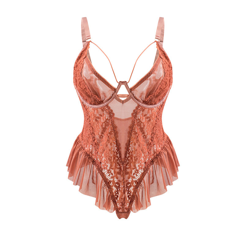 European and American fat MM plus-size suit erotic underwear waist exposed buttocks ruffles sexy see-through erotic suspender jumpsuit