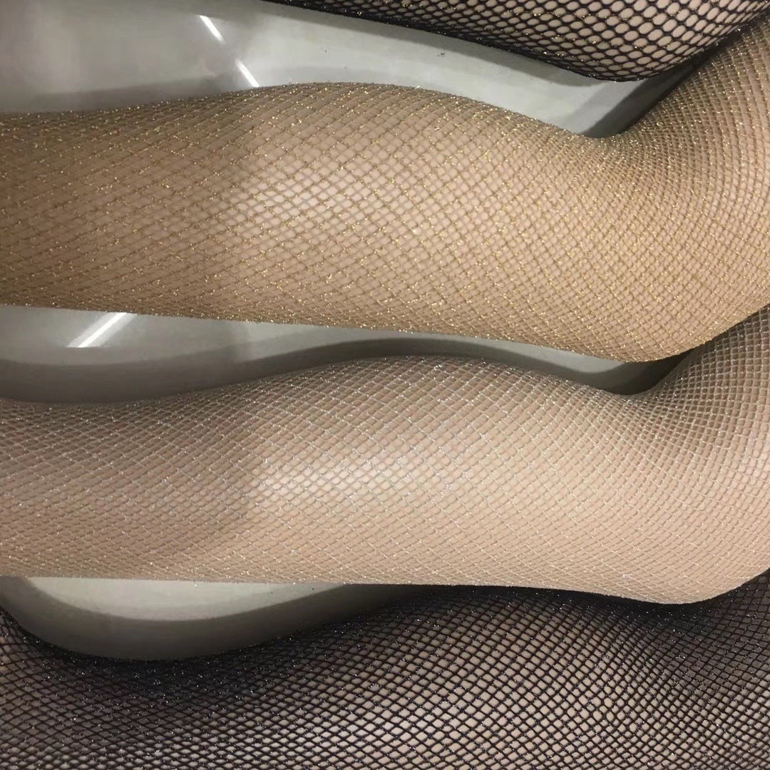 European and American feminine gold and silver silk fishnet pantyhose gold wire mesh stockings silver silk mesh stockings bright silk stockings bright silk bottom stockings women