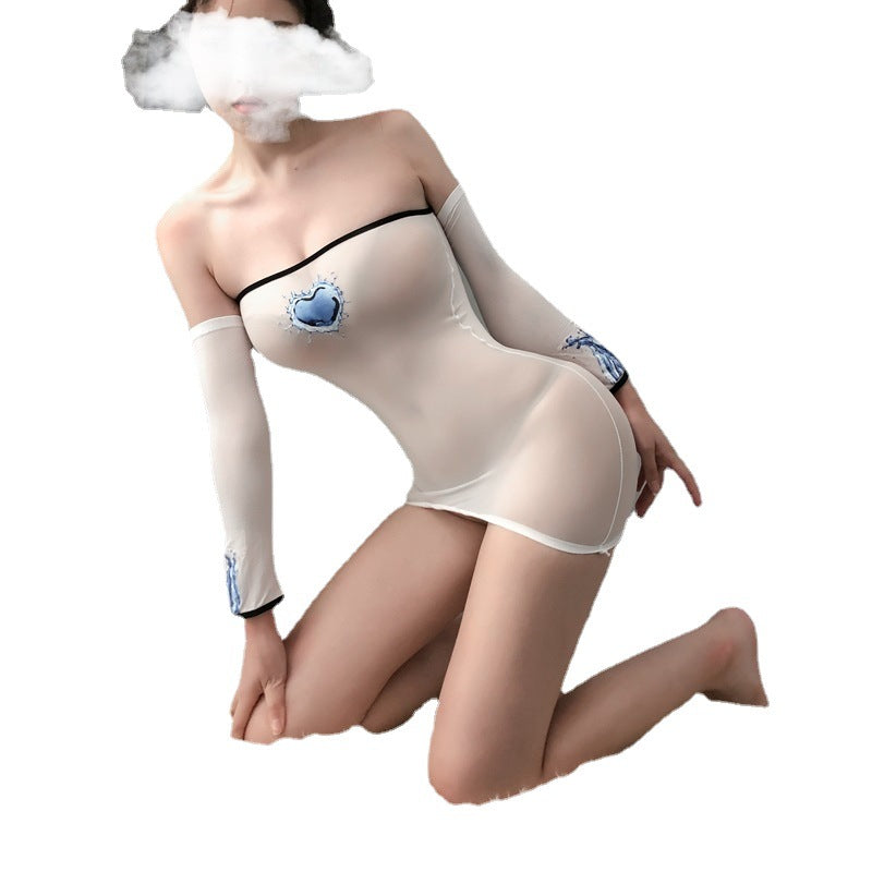 Erotic lingerie sexy pure desire stockings hip skirt transparent seduction print long sleeve suit passion no tights