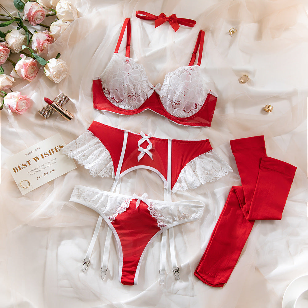 European and American hot sale hot red plus size sexy underwear lace stitching gathered bra set maid dress with underwire