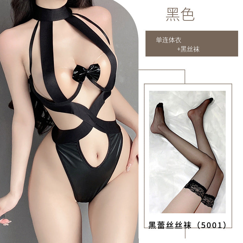 Mei Zhilan European and American cutout erotic lingerie sexy strap cross bondage jumpsuit transparent suspenders backless outfit