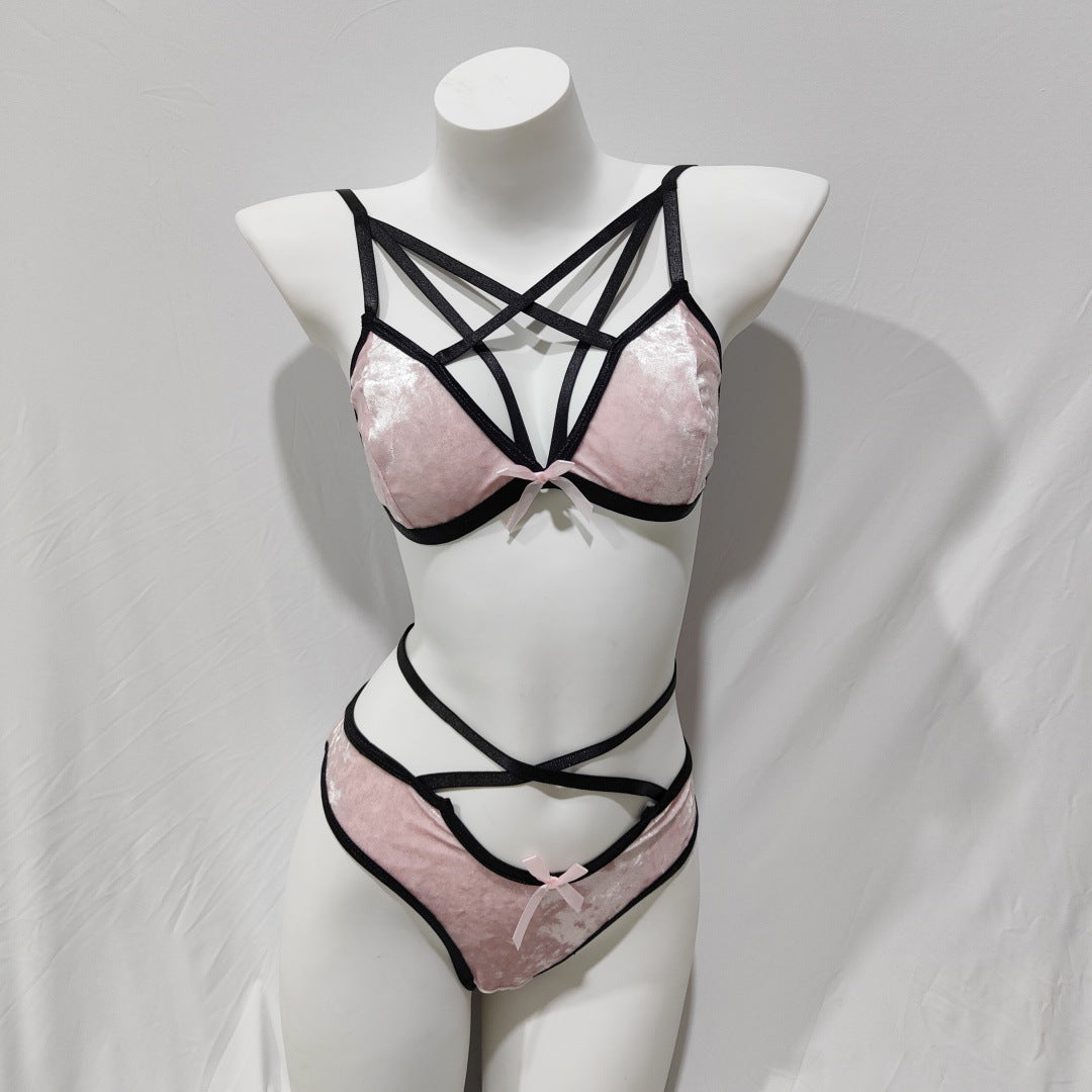 Cross-border pink velvet contrast sweet and spicy cross belt erotic underwear cover sexy and comfortable wire-free three-point set