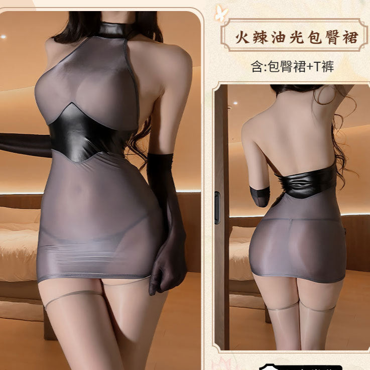 That's right, the night erotic lingerie, sexy patent leather splicing, see-through hip skirt, uniform, secretary suit, tight pajama girl