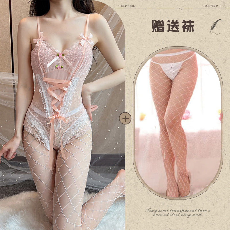 Erotic lingerie, sexy lace, temptation, strap-on, sweet candy-colored bodysuit, hidden button-down, crotch uniform, suspender set