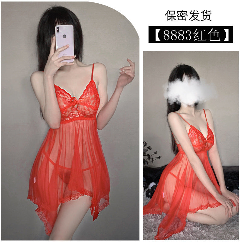 I want to try sexy lingerie, sexy see-through outfit, lace leaking breasts, see-through adult open-end jumpsuit, uniform temptation