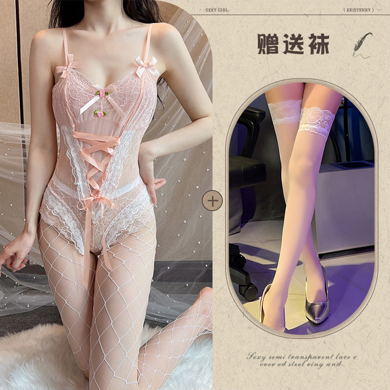 Erotic lingerie, sexy lace, temptation, strap-on, sweet candy-colored bodysuit, hidden button-down, crotch uniform, suspender set