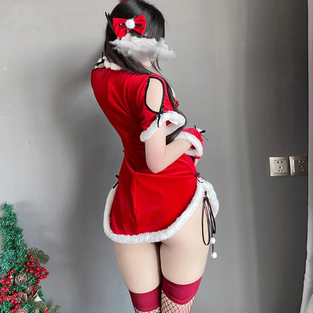 Autumn Winter Velvet Christmas Cosplay Red Dress Retro Women Sexy Cheongsam Lingerie Uniform Short Sleeve Kawaii