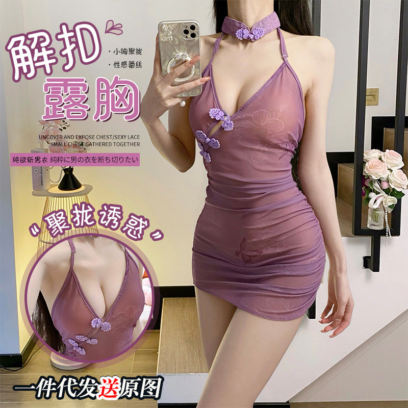 Charming first sexual emotion underwear style backless soft gauze see-through classical pure desire cheongsam bed