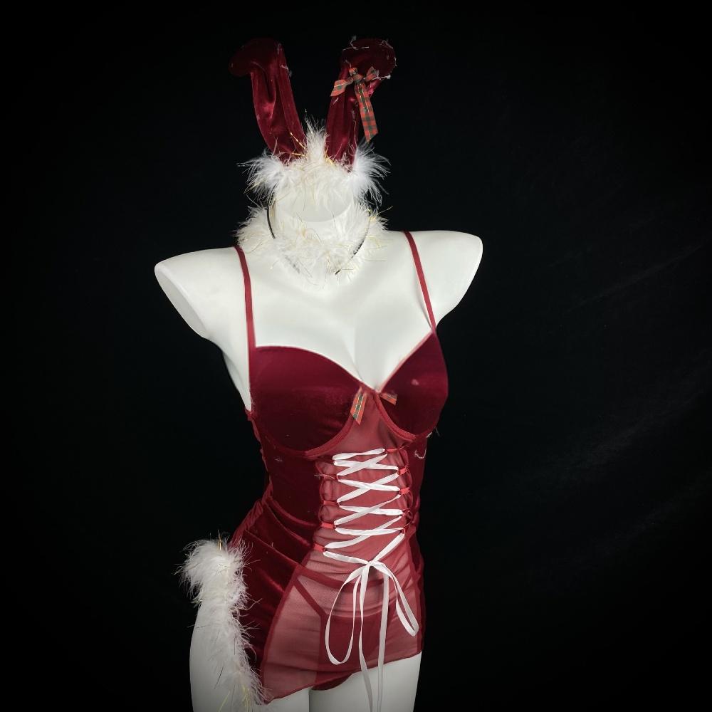 Cross-border erotic lingerie with chest pads Christmas costumes uniform sets sexy backless velvet see-through mesh
