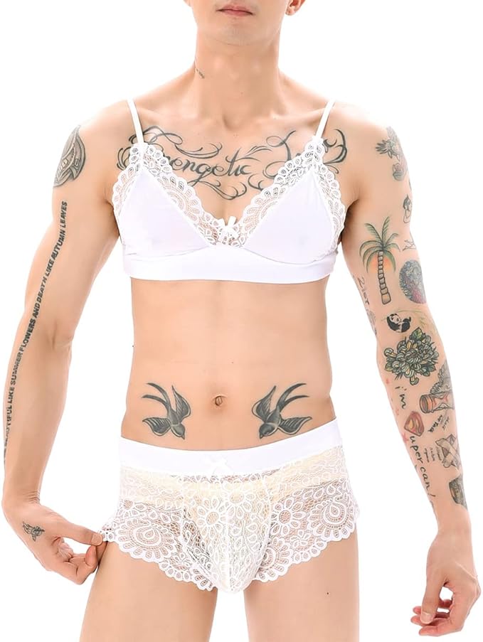 Cross-border European and American Men Sexy Gay Sexy Bow Lace Bra Panties Temptation Boxers Pseudo-Girl Pajamas - Sexy