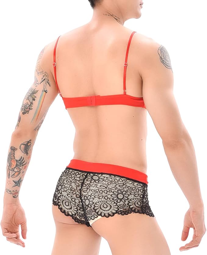 Cross-border European and American Men Sexy Gay Sexy Bow Lace Bra Panties Temptation Boxers Pseudo-Girl Pajamas - Sexy