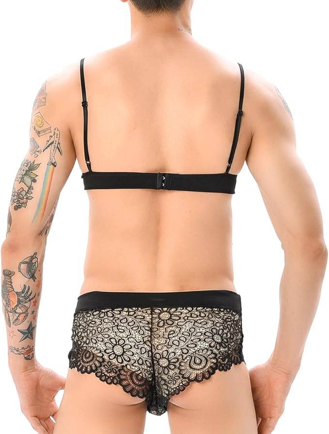 Cross-border European and American Men Sexy Gay Sexy Bow Lace Bra Panties Temptation Boxers Pseudo-Girl Pajamas - Sexy