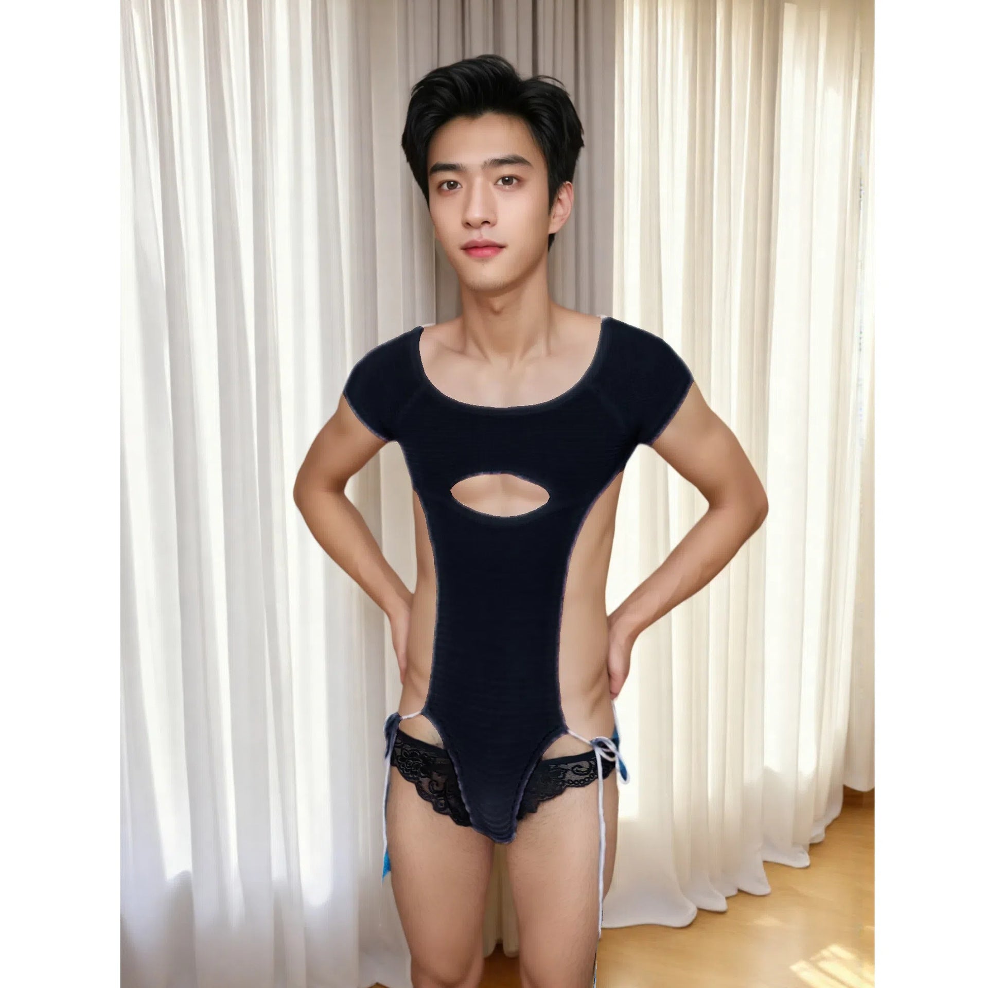 Cross-border foreign trade men’s sexy sweaters beautiful men lace-up hollow uniforms nightclub male model GAY flirting