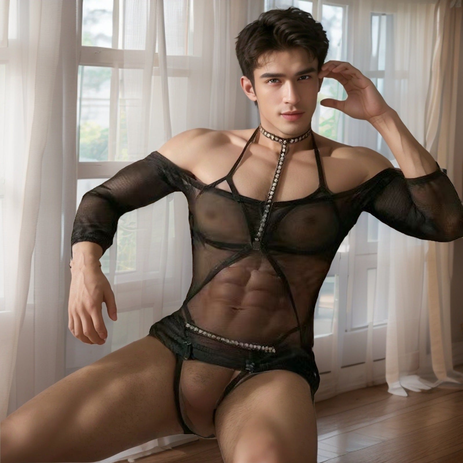 Cross-border men’s sexy lingerie sexy temptation shame see-through bondage jumpsuit passionate battle robe man gay