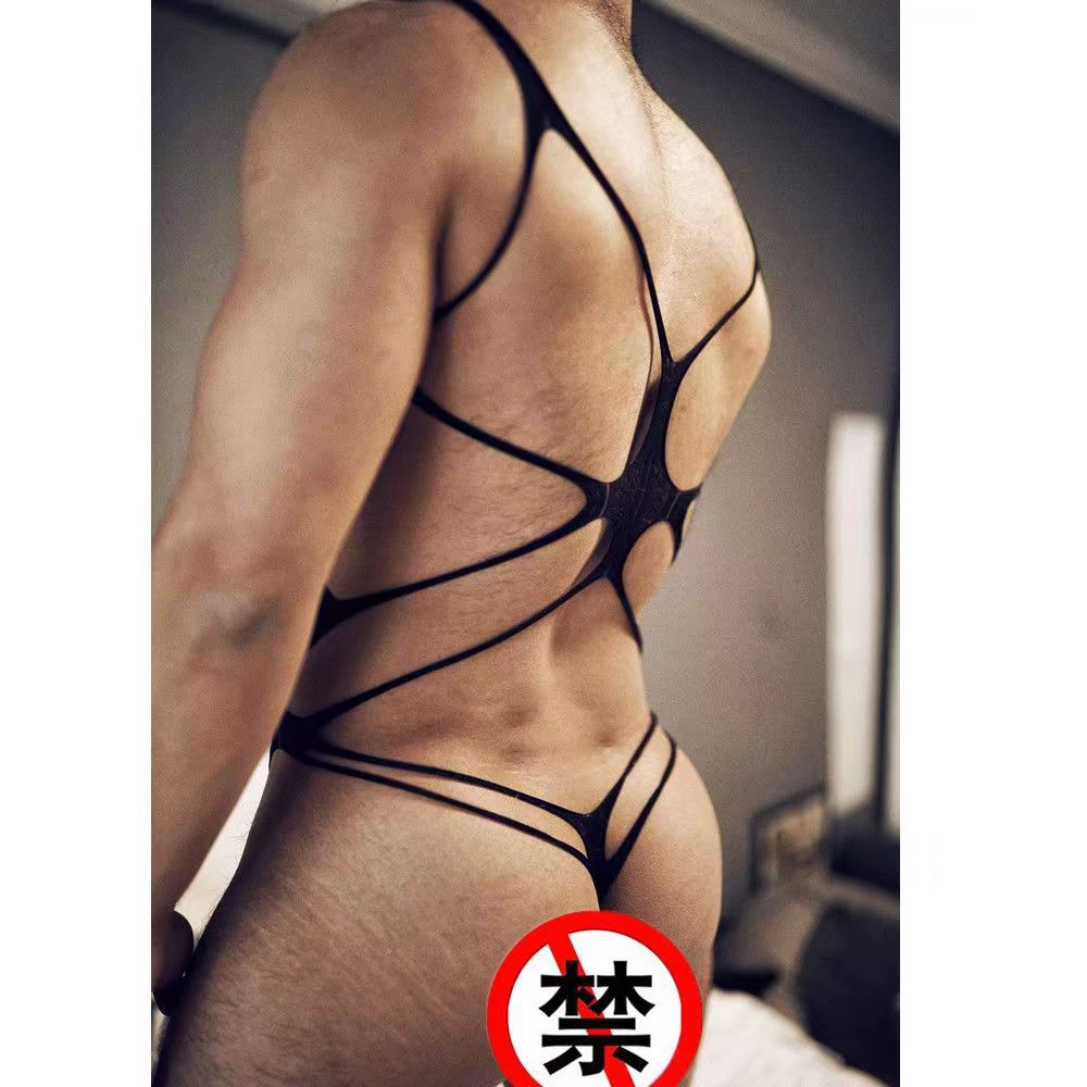 Men’s Erotic Mesh Jumpsuit Hollow Line Mesh Men’s Receptive Gay Cosplay Uniform Temptation Men - Black top / One size