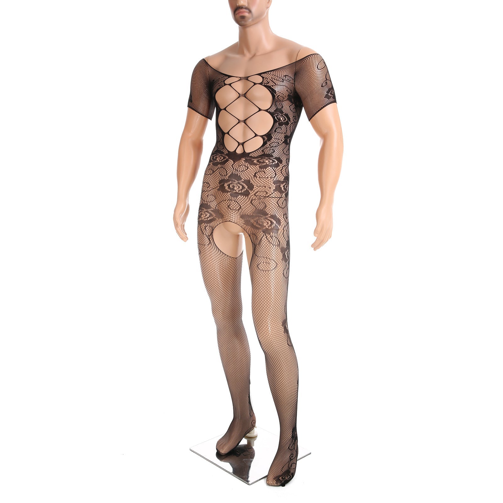 Men’s fishnet one-piece underwear Japanese pseudo-girl sexy cut-out suspender one-piece tight mesh tights tight