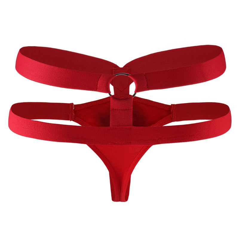 Men’s low-rise sexy thong T-trouser pocket pocket briefs breathable cut-out fashion steel ring European and American