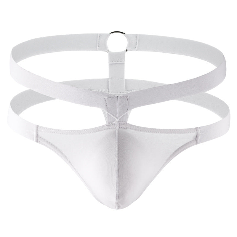 Men’s low-rise sexy thong T-trouser pocket pocket briefs breathable cut-out fashion steel ring European and American