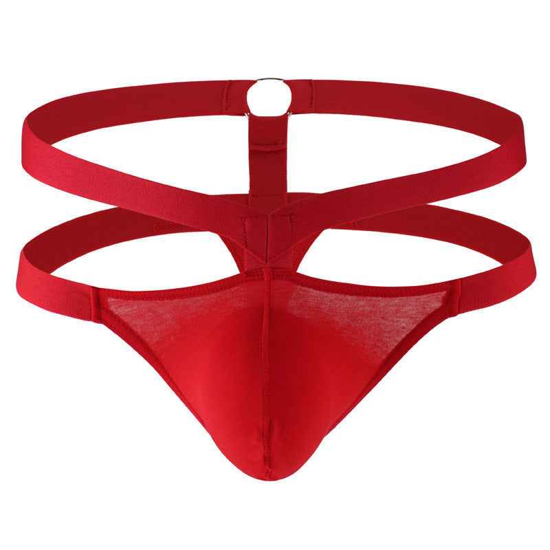 Men’s low-rise sexy thong T-trouser pocket pocket briefs breathable cut-out fashion steel ring European and American