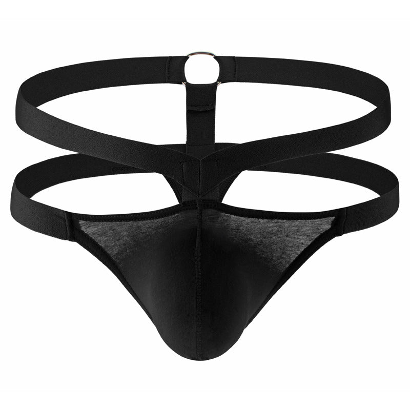 Men’s low-rise sexy thong T-trouser pocket pocket briefs breathable cut-out fashion steel ring European and American