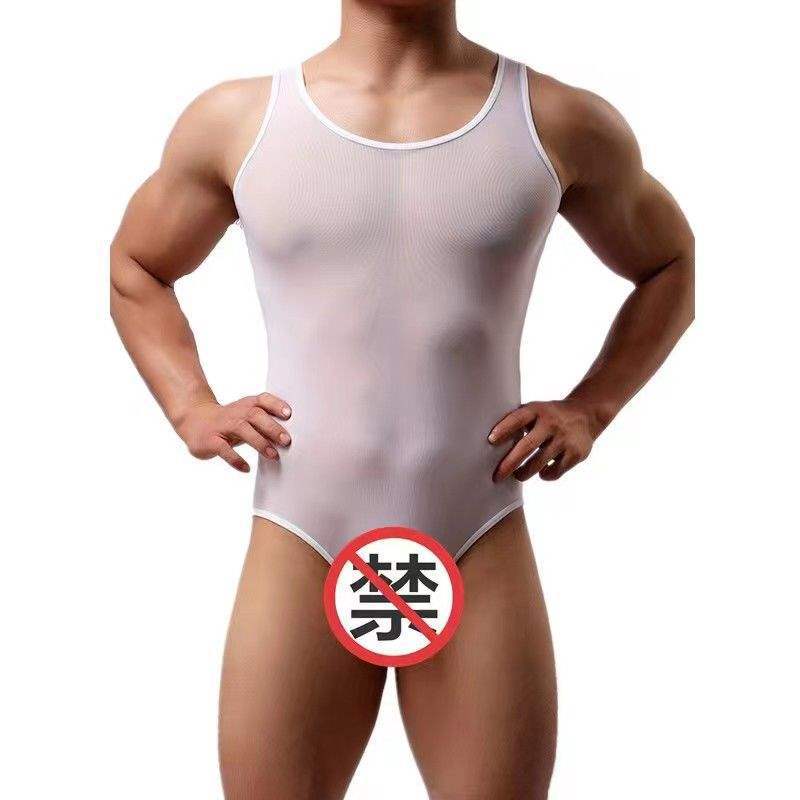 Men’s sexy bodysuit shaping mesh summer cool GAY youth stretch jumpsuit breathable fitness underwear - white / S 90-100