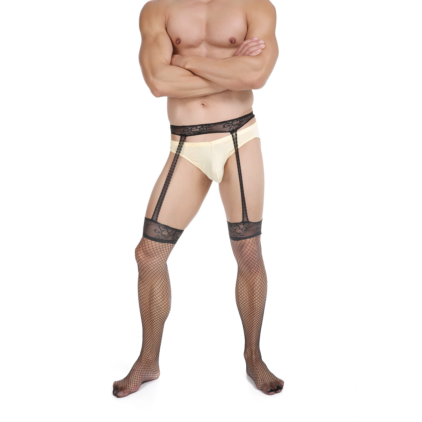 Men’s sexy stockings one-piece suspender lace fishnet stockings pseudo-girl sexy temptation opening buttocks pantyhose