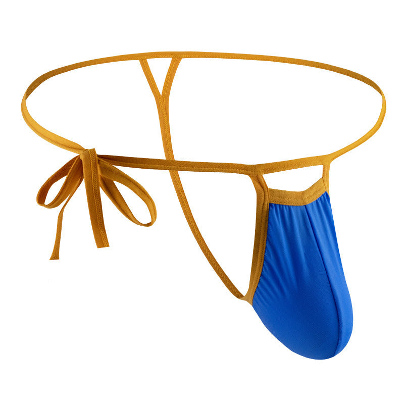 Men’s underwear thong belt side opening knotted rope nylon ice silk soft comfortable breathable sexy GAY - blue