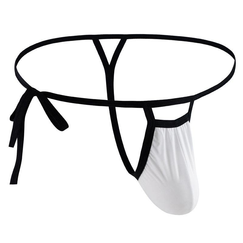 Men’s underwear thong belt side opening knotted rope nylon ice silk soft comfortable breathable sexy GAY - white