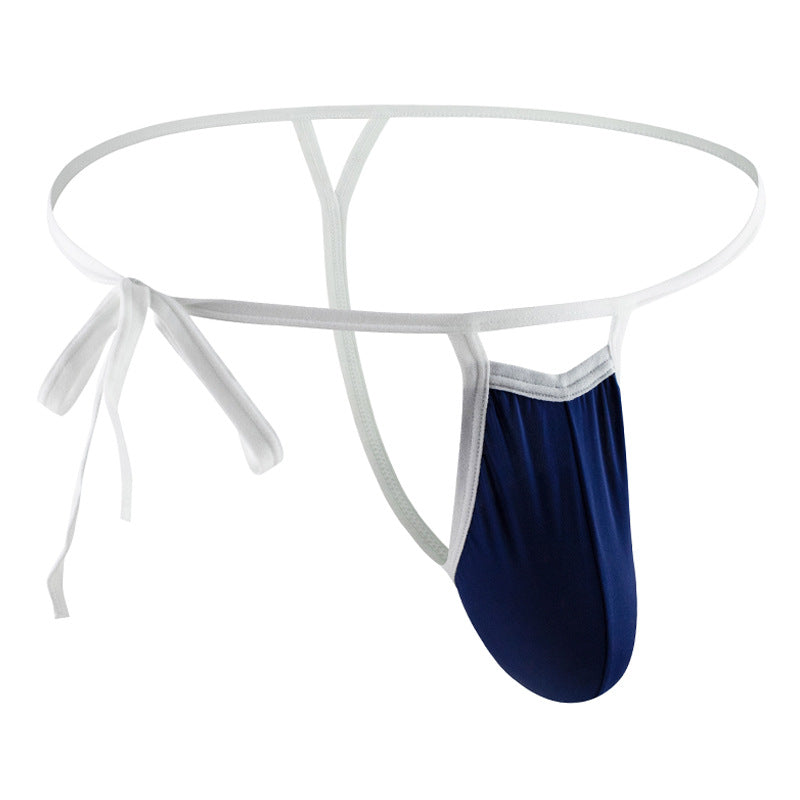 Men’s underwear thong belt side opening knotted rope nylon ice silk soft comfortable breathable sexy GAY - Navy blue