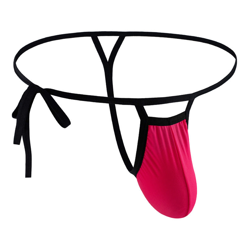 Men’s underwear thong belt side opening knotted rope nylon ice silk soft comfortable breathable sexy GAY - rose Red