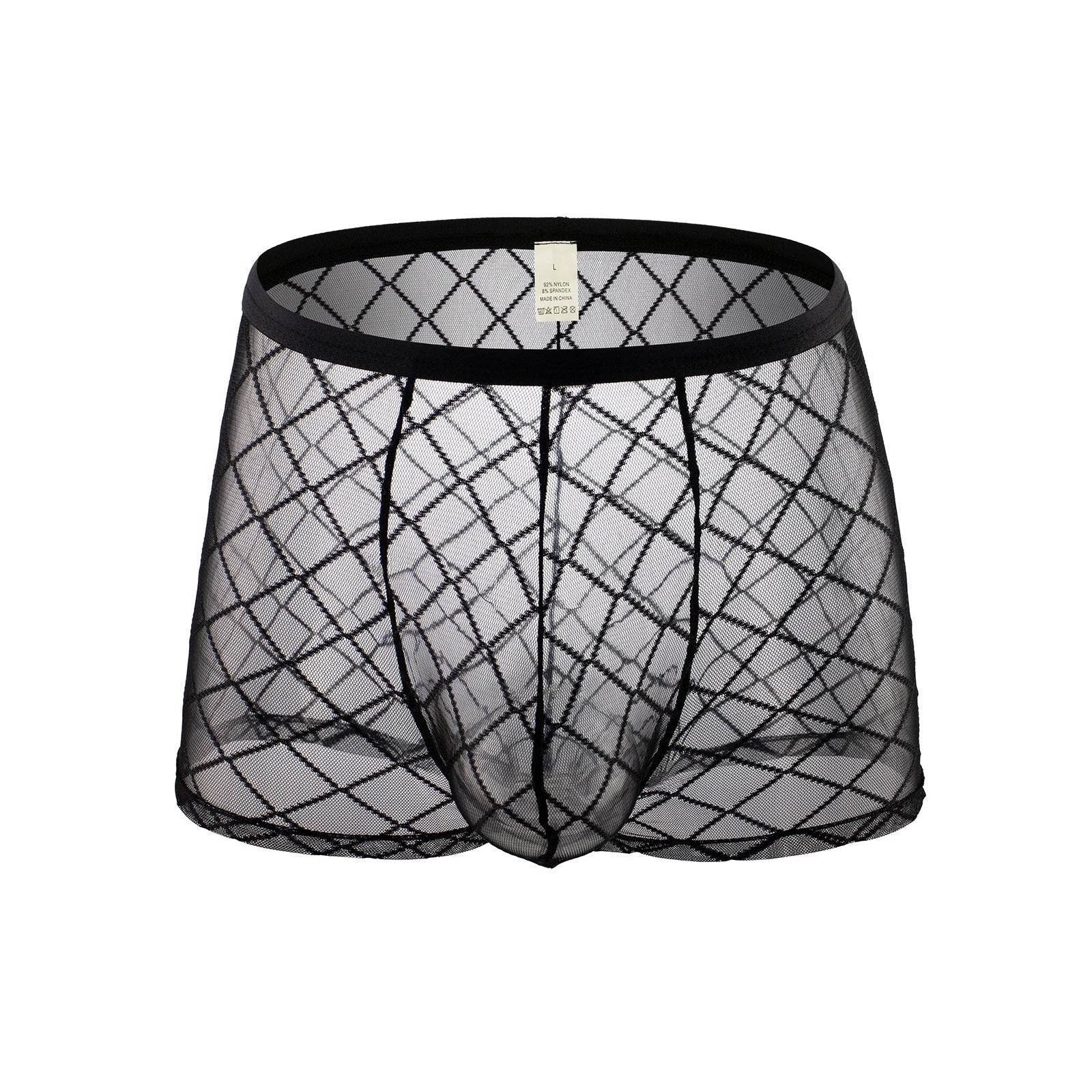 New Men’s Sexy Diamond Fishnet Boxer Panties Low Waist Mesh Sheer Boxer Shorts Men’s Sex Panties - black / M(66-76cm)