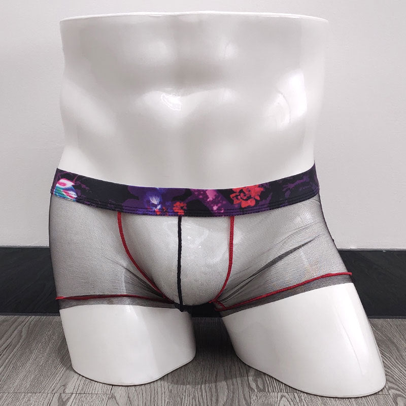 Soutong men’s underwear transparent mesh sexy men’s boxers fashion retro belt personalized boxers gay - black / M