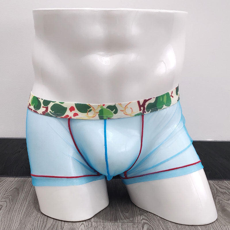 Soutong men’s underwear transparent mesh sexy men’s boxers fashion retro belt personalized boxers gay - sky blue / M