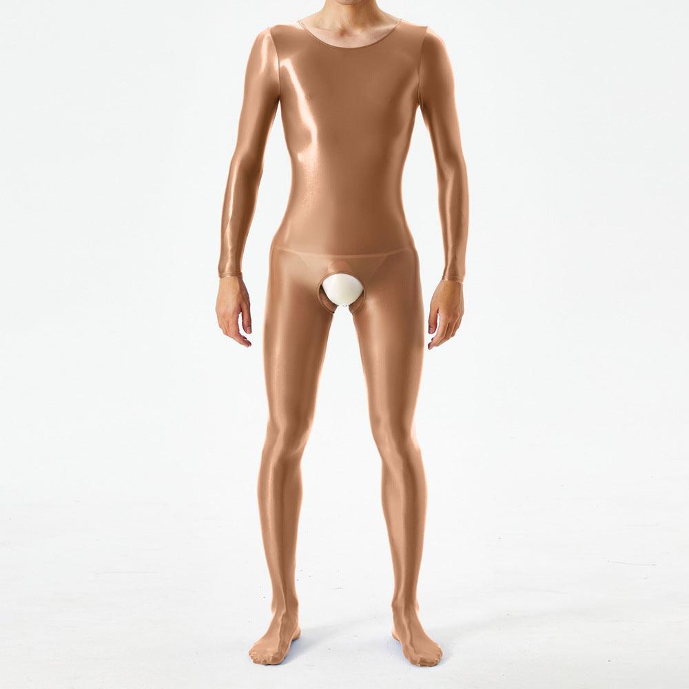 Thin plus-size oily shiny silky tight bodysuit full body open crotch sexy no-take sex bag 7076K - M / Brown - Sexy