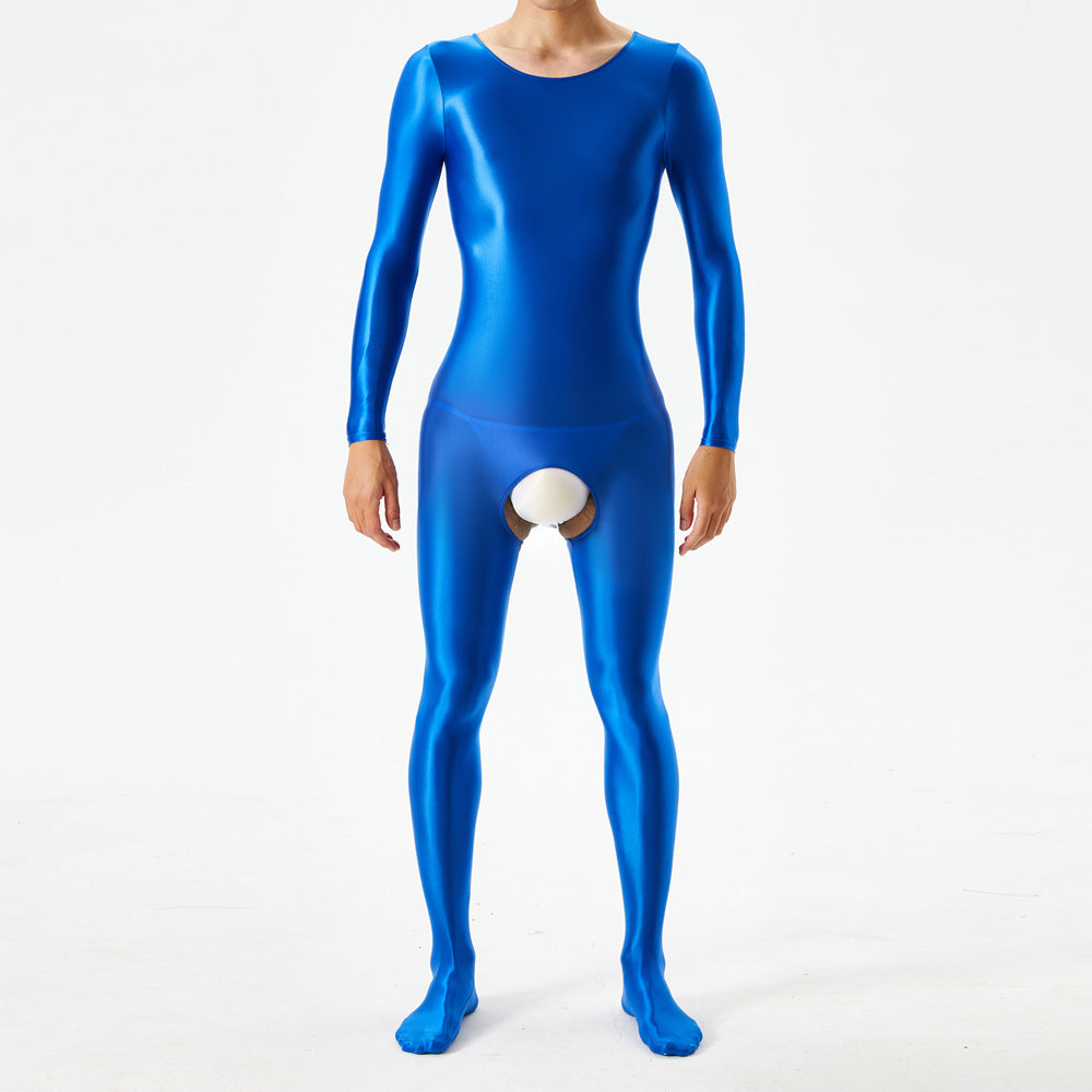 Thin plus-size oily shiny silky tight bodysuit full body open crotch sexy no-take sex bag 7076K - M / blue - Sexy