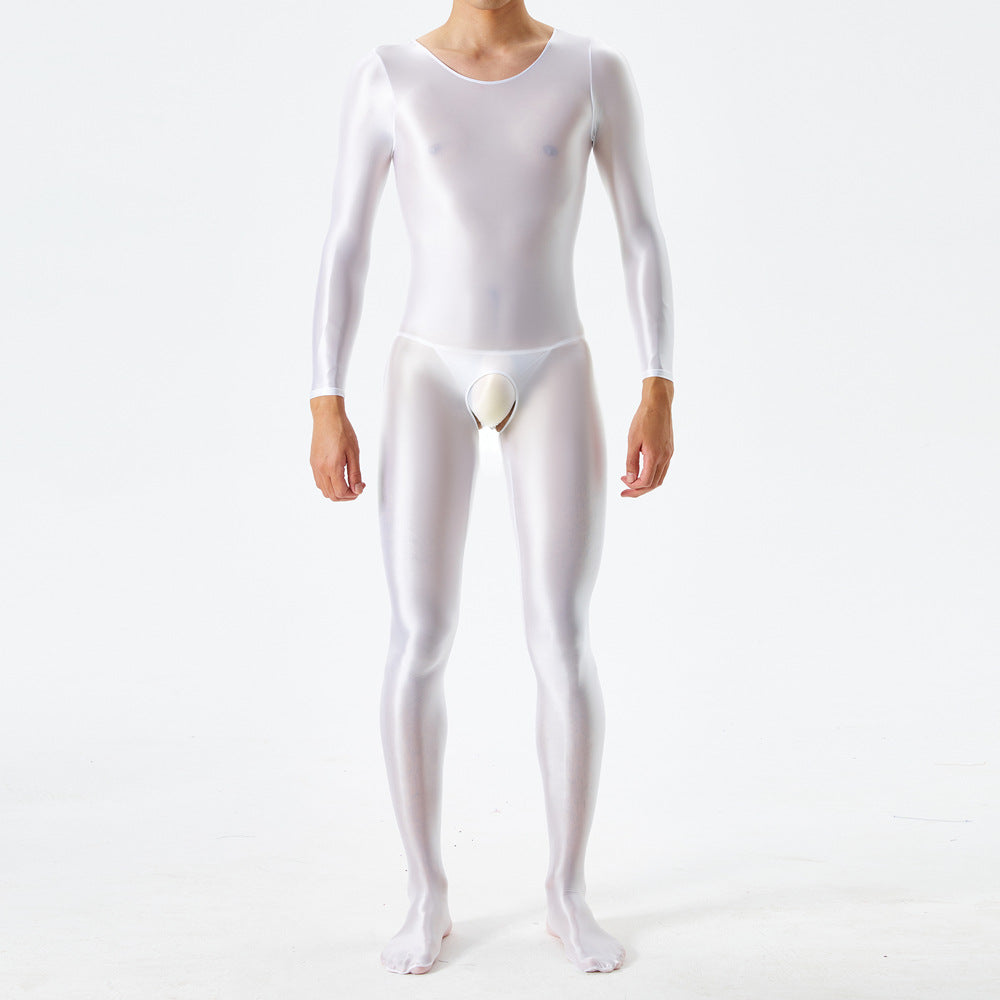 Thin plus-size oily shiny silky tight bodysuit full body open crotch sexy no-take sex bag 7076K - M / white - Sexy