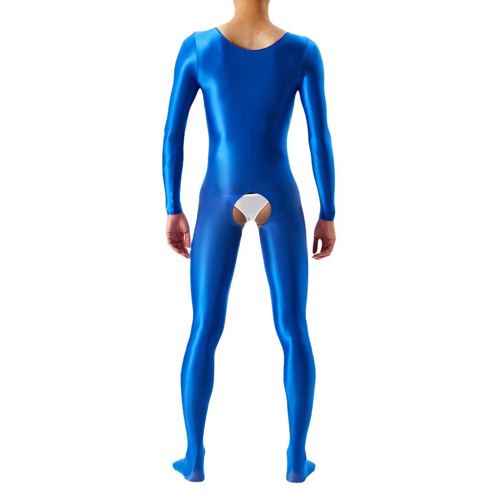 Thin plus-size oily shiny silky tight bodysuit full body open crotch sexy no-take sex bag 7076K - Sexy lingerie