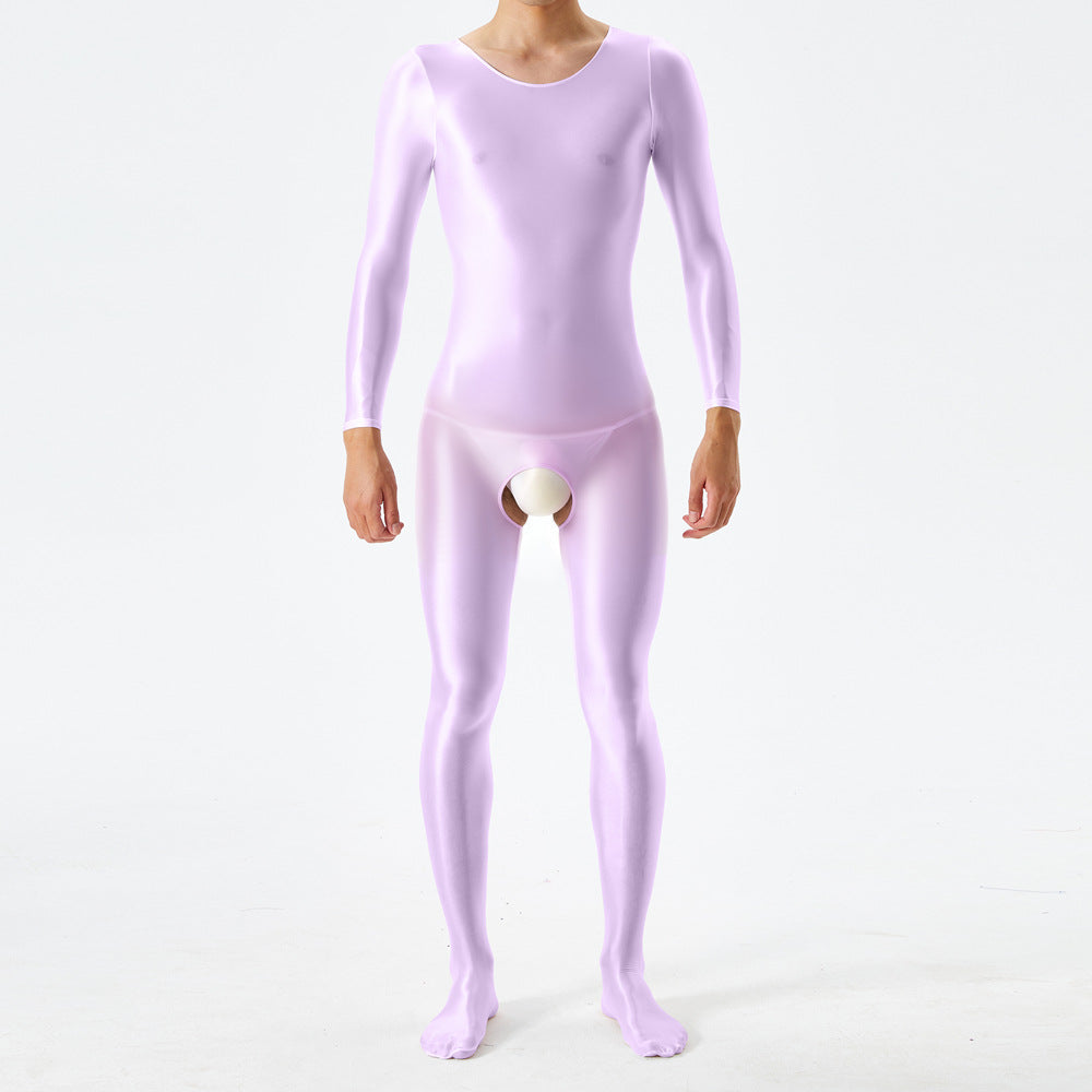 Thin plus-size oily shiny silky tight bodysuit full body open crotch sexy no-take sex bag 7076K - M / Light purple